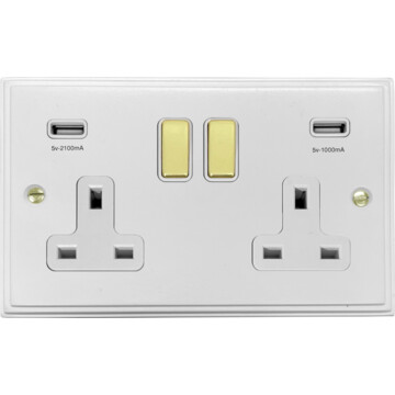 victorian white double socket with usb (white inserts/polished brass switches) front fc0825