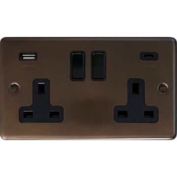 contour medium bronze double socket (2 gang/usb-a and usb-c) front fc0825