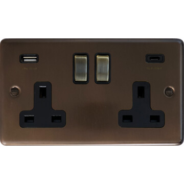 contour medium bronze double socket (2 gang/usb-a and usb-c/antique brass switches) front fc0825