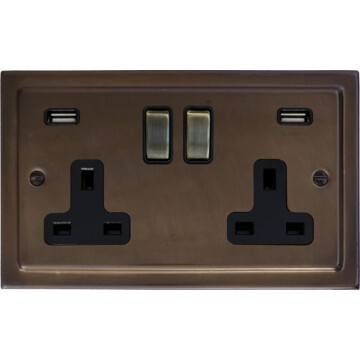 victorian medium bronze double socket with usb (black inserts/antique brass switches) front fc0825