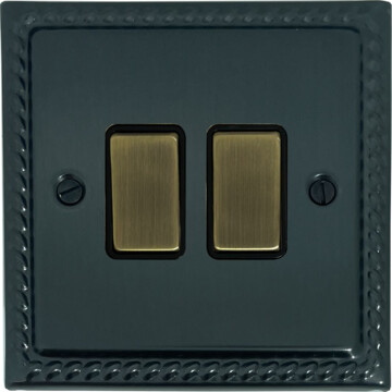 georgian black bronze light switch (2 gang/antique brass switches) front fc0825