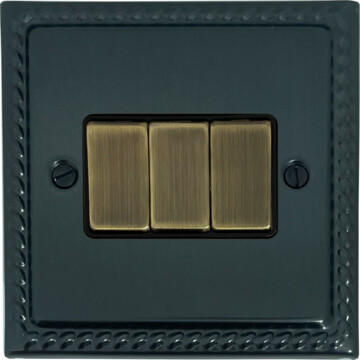 georgian black bronze light switch (3 gang/antique brass switches) front fc0825