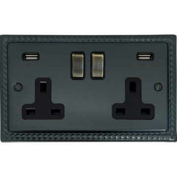 georgian black bronze socket with usb (2 gang/antique brass switches) front fc0825