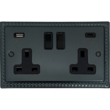 georgian black bronze socket with usb (2 gang/usb a and usb c/black switches) front fc0825
