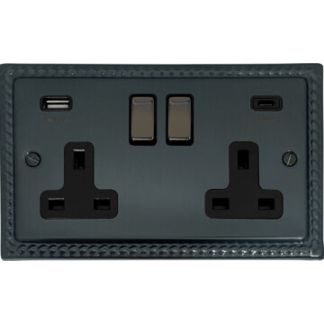 georgian black bronze socket with usb (2 gang/usb a and usb c) front fc0825