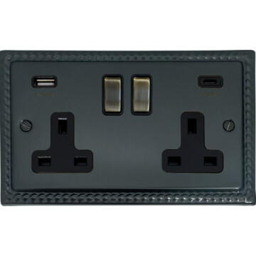 georgian black bronze socket with usb (2 gang/usb a and usb c/antique brass switches) front fc0825