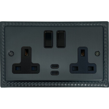 georgian black bronze socket with usb (2 gang/usb c/black switches) front fc0825