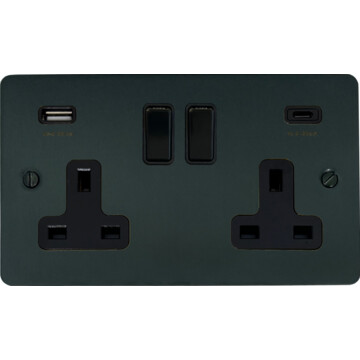 flat black bronze double socket (2 gang/usb-a and usb-c/black switches) front fc0825