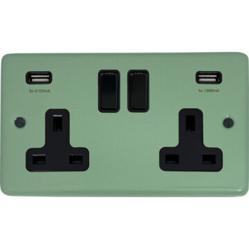 contour sage green double socket with usb (black switches) front fc0825