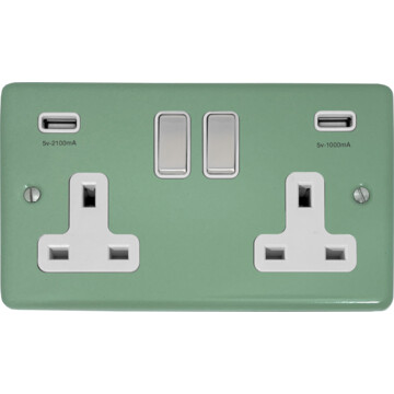 contour sage green double socket with usb (white insert/steel switches) front fc0825