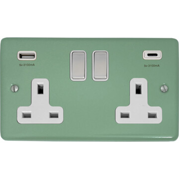 contour sage green double socket with usb (usb-a and usb-c/white inserts/steel switches) front fc0825