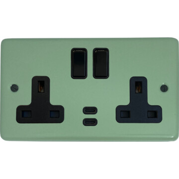 contour sage green double socket with usb (2 gang/usb-c/black switches) front fc0825