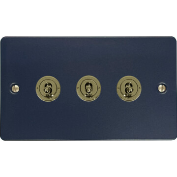flat blue toggle switch (3 gang/polished brass switches) front fc0825