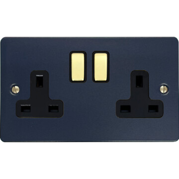 flat blue double socket (black insert/polished brass switches) front fc0825