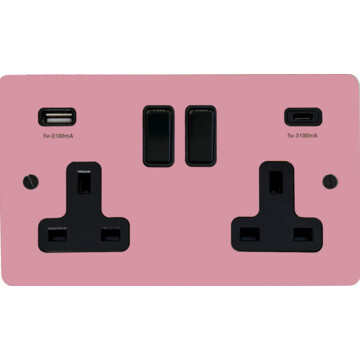flat gloss pink double socket with usb (usb-a and usb-c/black switches) front fc0825