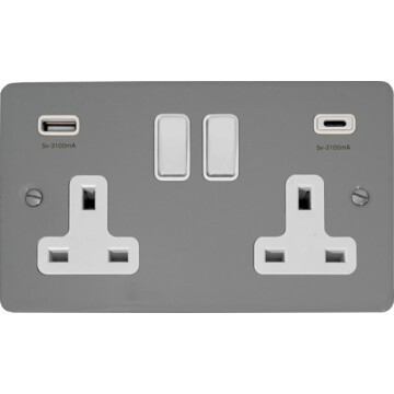 Flat Light Grey Double Socket with USB C (White Switches)