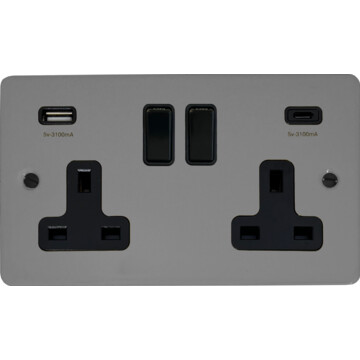 Flat Light Grey Double Socket with USB C (Black Switches)