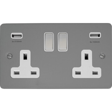 flat light grey double socket with usb (white insert/metal switches) front fc0825