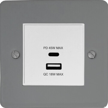 flat light grey usb charger (dual usb a + c quick charge) (white insert/1 gang) front fc0825