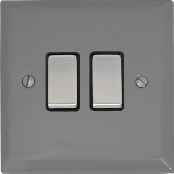 spectrum light grey light switch (2 gang/black insert/metal switches) front fc0825