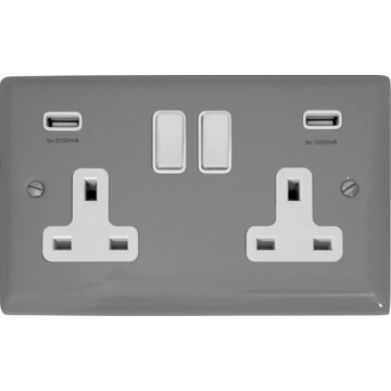 spectrum light grey double socket with usb (white switches) front fc0825