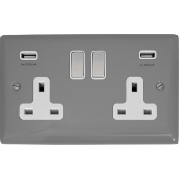 spectrum light grey double socket with usb (white insert/metal switches) front fc0825