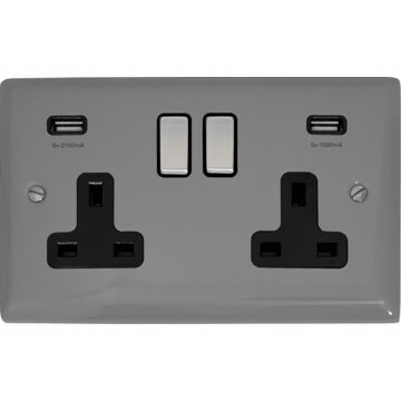 spectrum light grey double socket with usb (black insert/metal switches) front fc0825