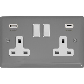 Spectrum Light Grey Double Socket with USB C (White Switches)