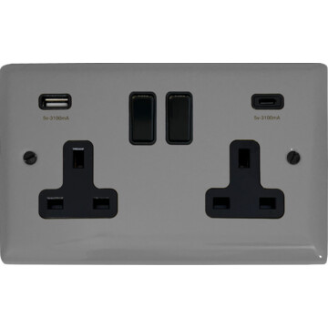 Spectrum Light Grey Double Socket with USB C (Black Switches)