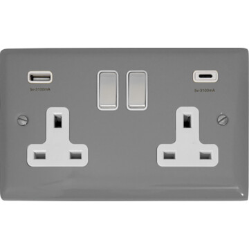 spectrum light grey double socket with usb (usb a and usb c/white insert/metal switches) front fc0825
