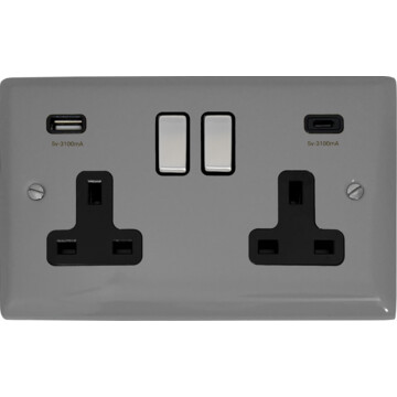 spectrum light grey double socket with usb (usb a and usb c/black insert/metal switches) front fc0825