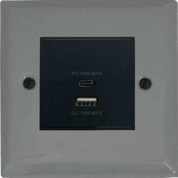 spectrum light grey usb charger (dual usb a + c quick charge) (black insert/1 gang) front fc0825