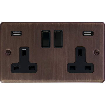 contour antique copper double socket with usb (black switch) front fc10825
