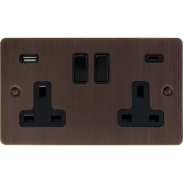 Flat Antique Copper Socket with 1x USB A & 1x USB C (Black Insert)
