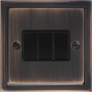 victorian antique copper light switch (3 gang/black switch) front fc10825