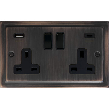 victorian antique copper double socket with usb (2 gang/usb-a and usb-c/black switch) front fc10825