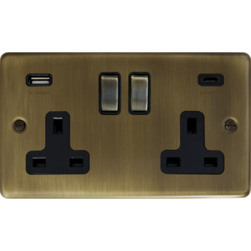 Georgian Satin Nickel Double Socket with USB C (White Switches)