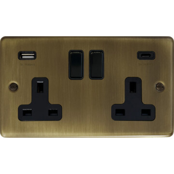 Contour Antique Brass Double Socket with USB C (Black Switches)