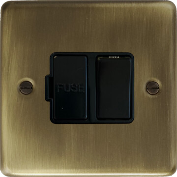 antique brass switched fused spur (black insert/black switch) front fc20825