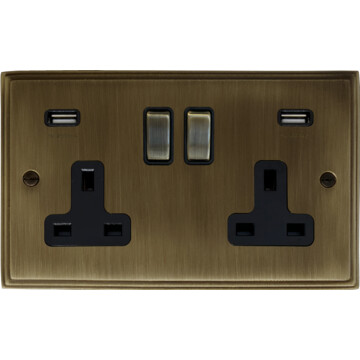 cast antique brass double socket with usb front fc20825