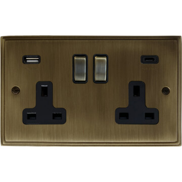 cast antique brass double socket (2 gang/usb a and usb c) front fc20825