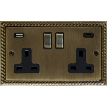 Georgian Antique Brass Double Socket with USB C (Antique Brass Switches)