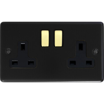 matt black double socket (polished brass switch) front fc20825