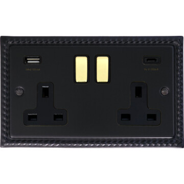 georgian double socket with usb (2 gang/usb-a and usb-c/black insert/polished brass) front fc20825