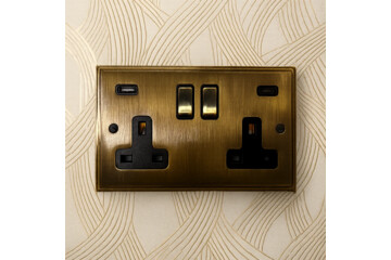 Victorian antique brass double socket on a traditional wallpaper